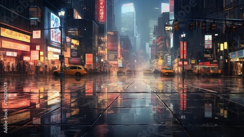 A city intersection in the rain  reflecting the glow of neon lights on wet streets