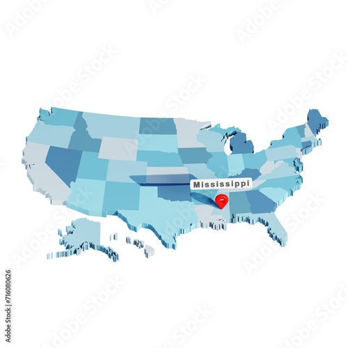 3D USA states map with pin location in Mississippi