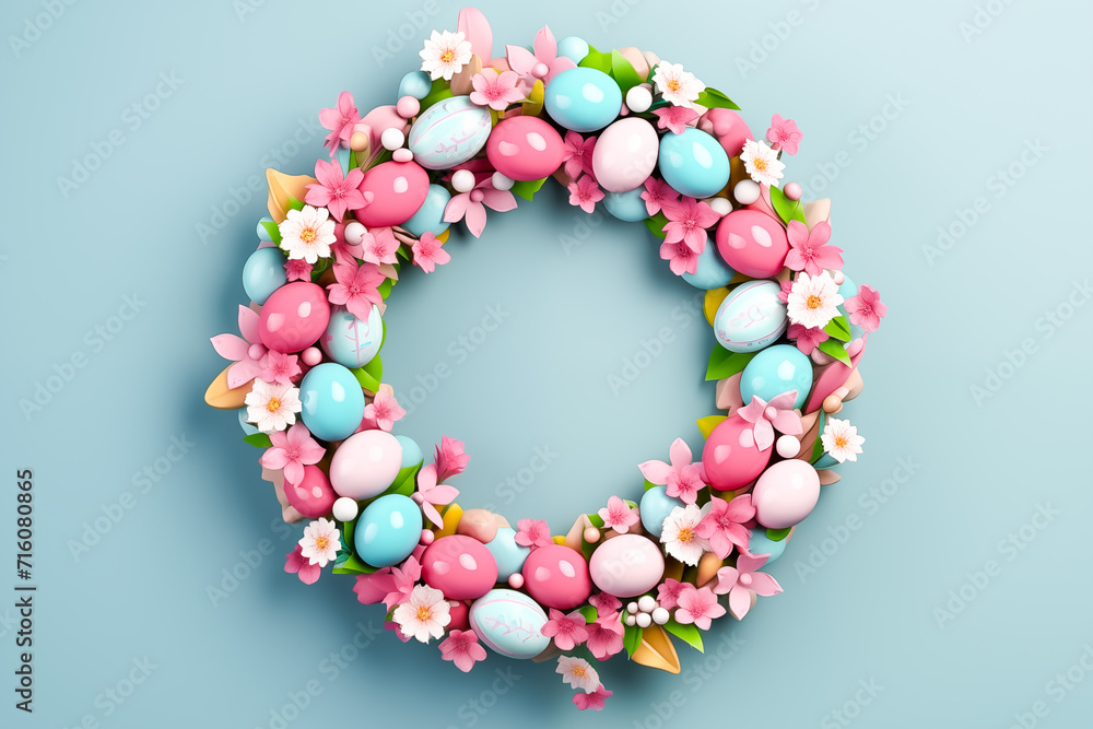 Easter wreath, beautifully decorated with colorful eggs and spring flowers.3D render-style inspiration. Easter template, mockup, with copy space for text.