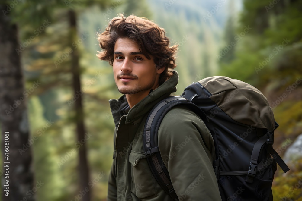 Male backpacker enjoying a hike through a lush forest trail Male backpacker enjoying a hike through a lush forest trail