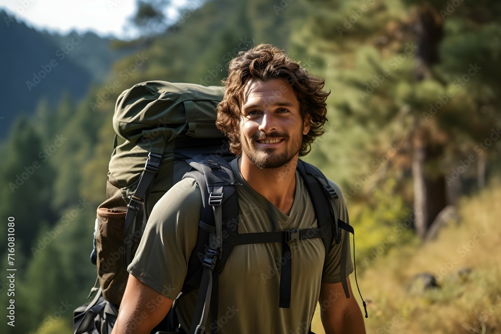 Male backpacker enjoying a hike through a lush forest trail