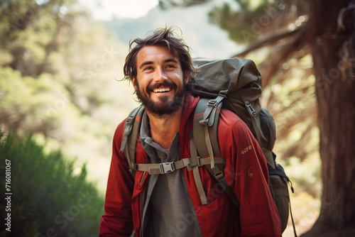 Male backpacker enjoying a hike through a lush forest trail