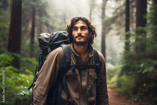 Male backpacker enjoying a hike through a lush forest trail © Rax Qiu