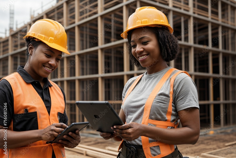 At the building job site, dedicated construction workers collaborate seamlessly, driving progress on a large-scale project At the building job site, dedicated construction workers collaborate seamlessly, driving progress on a large-scale project