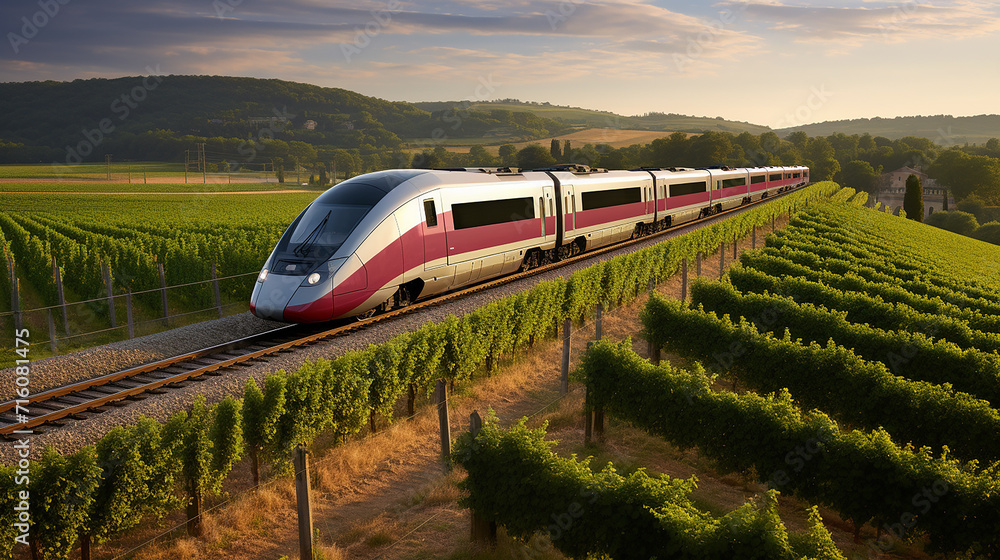TGV train Passing French Vineyards: France's high-speed TGV train speeds past sprawling vine - obrazy, fototapety, plakaty 
