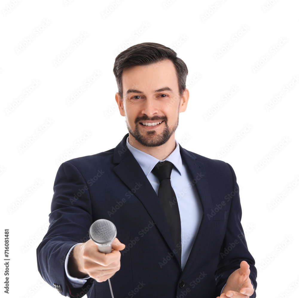 Male journalist with microphone on white background Male journalist with microphone on white background