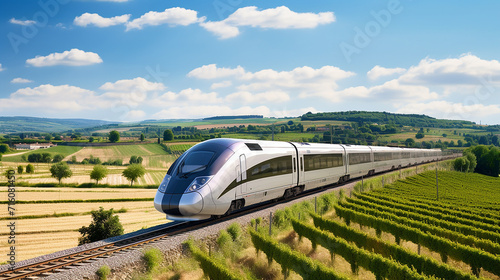 TGV train Passing French Vineyards: France's high-speed TGV train speeds past sprawling vine photo