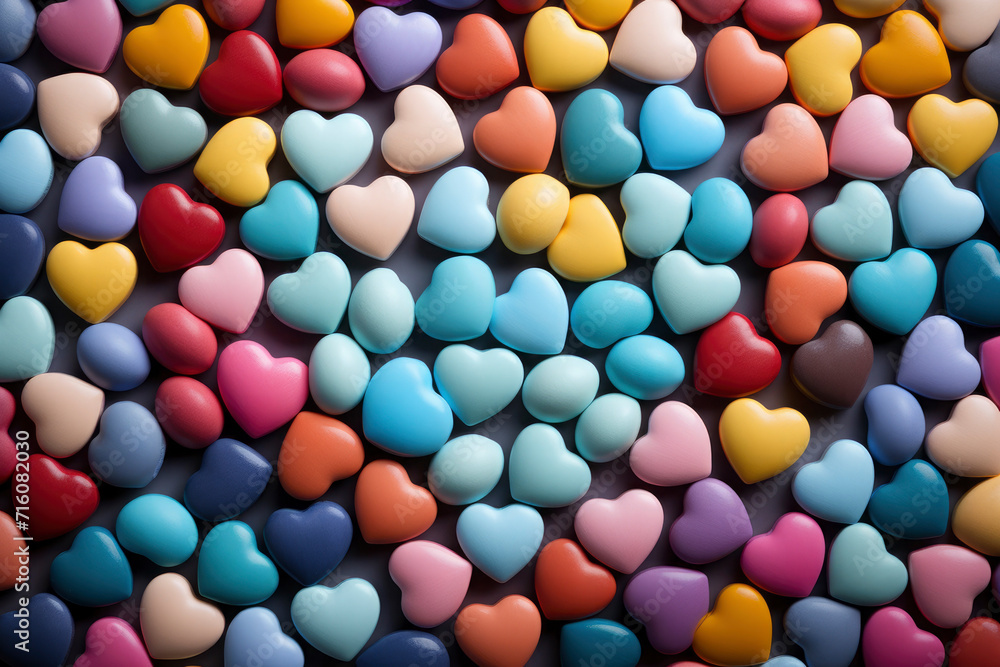 A cheerful pattern of multi-colored sweet candy hearts on a pastel rainbow gradient, ideal for a Valentine's Day card, delicious gift to celebrate. A cheerful pattern of multi-colored sweet candy hearts on a pastel rainbow gradient, ideal for a Valentine's Day card, delicious gift to celebrate.