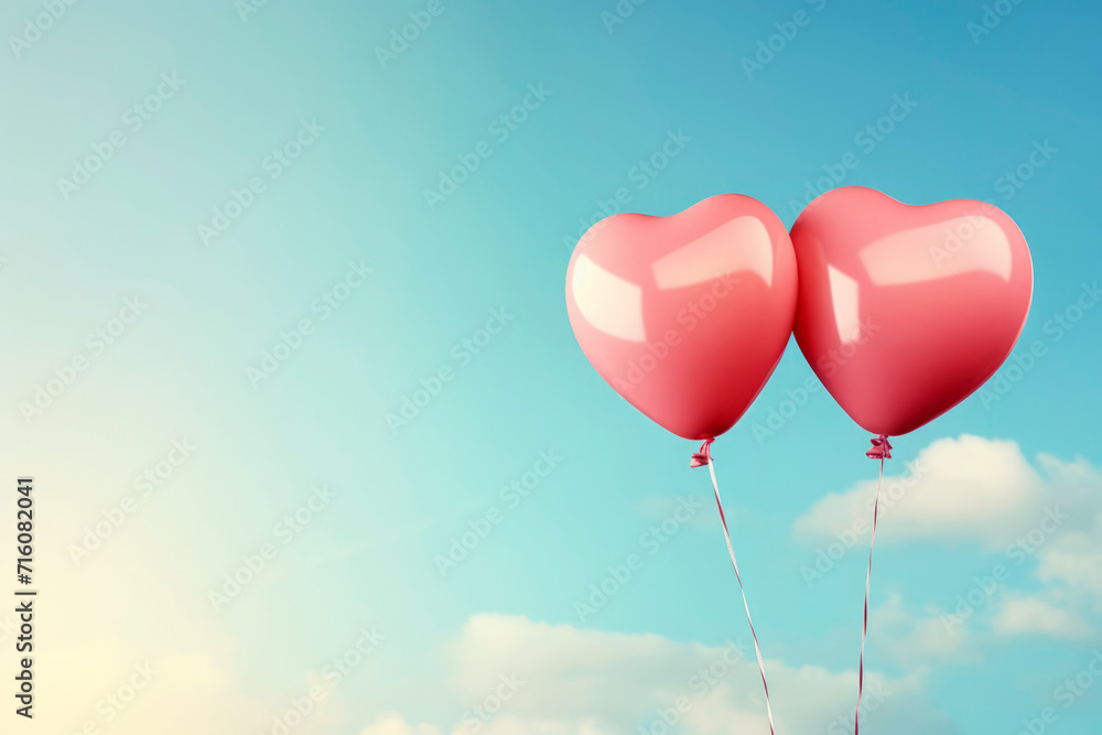 A retro pink heart balloon floats in the blue sky in clouds. the symbol of love. Copy Space