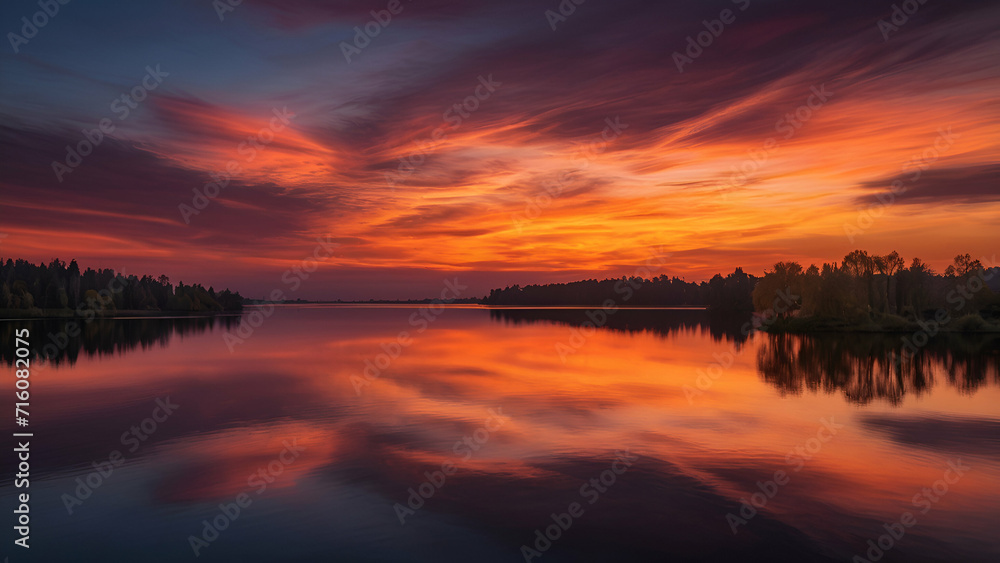  majestic marmalade sunset, with streaks of orange and pink painting the sky, reflecting off the calm waters of a tranquil lake
