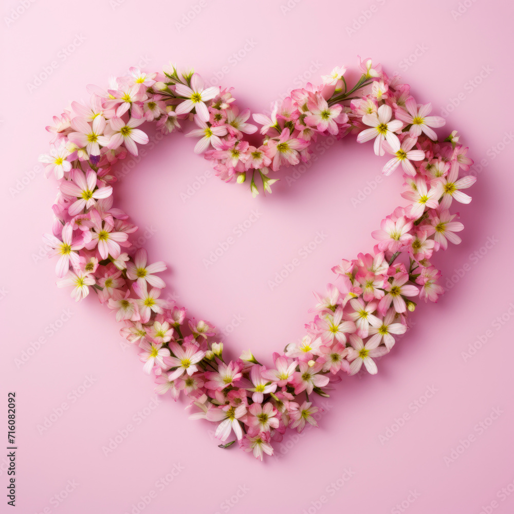 heart shaped wreath of pink flowers on pastel pink background, Valentine's day, mother's day, women's Day background