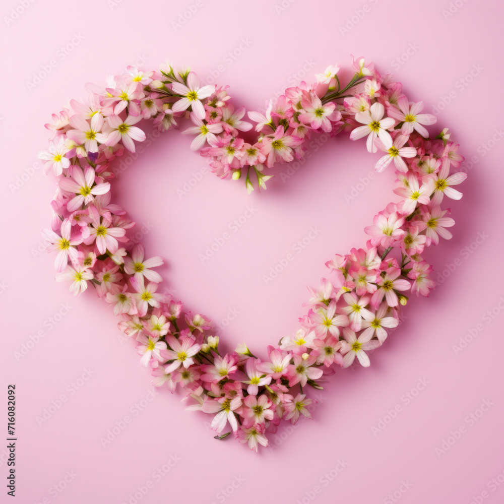 heart shaped wreath of pink flowers on pastel pink background, Valentine's day, mother's day, women's Day background heart shaped wreath of pink flowers on pastel pink background, Valentine's day, mother's day, women's Day background