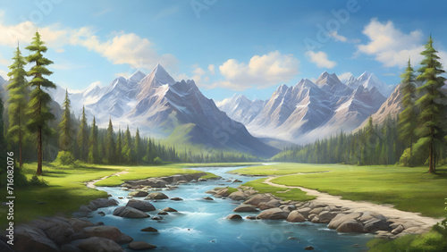 forest scene with a winding river, surrounded by towering mountains and a clear blue sky. The colors are vibrant and the air is crisp, creating a peaceful atmosphere perfect for stress management.