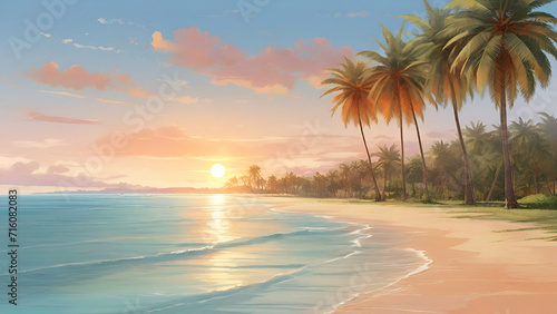 A sandy beach with crystal clear water and palm trees swaying in the gentle breeze.