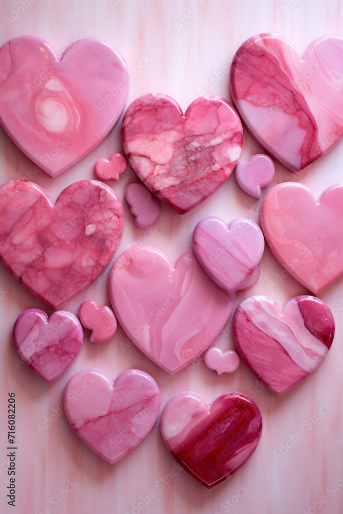 Beautiful pink marble hearts hanging decorating the white wall, cute gemstones cut in hearts shape, cards, invitation for Valentine's Day or weddings.