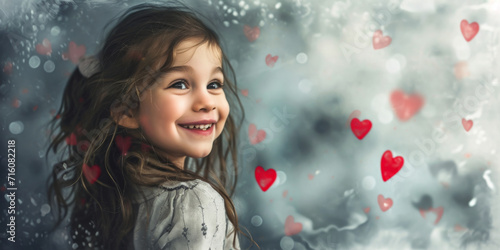 little girl smiling with red heart, generative AI