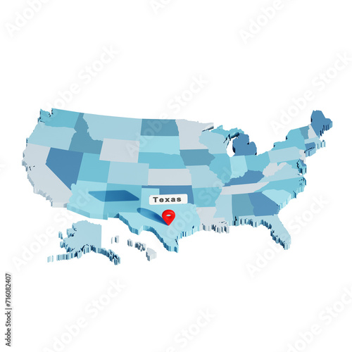 3D USA states map with pin location in Texas