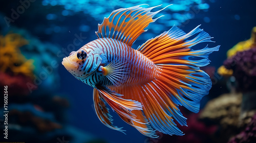 A bright, exotic fish swimming alone in a clear, blue aquarium