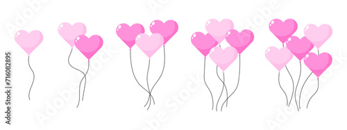 Set of cute pink heart balloons fpr valentine's day decoration illustration vector