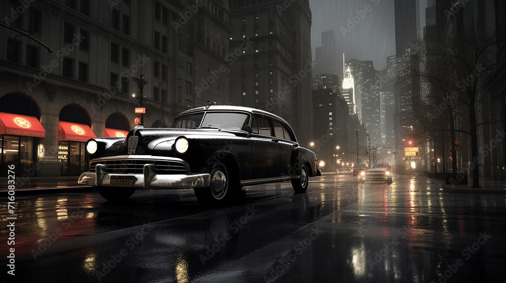 A classic black and white taxicab in the rain soaked road - obrazy, fototapety, plakaty 