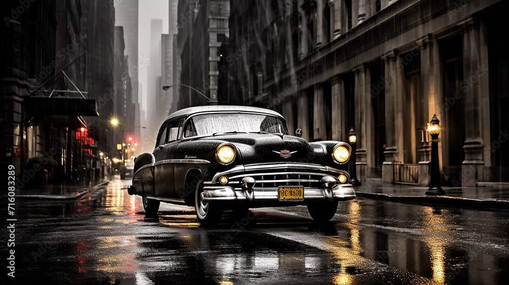 A classic black and white taxicab in the rain soaked road