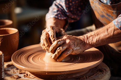 A potter's hands shaping a clay vase, capturing the essence of creativity and craftsmanship. Generative Ai.