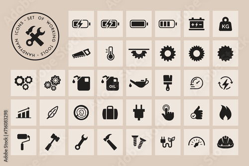 set of construction icons, building, repair tools, power gardening tools, handyman, garden tools icon