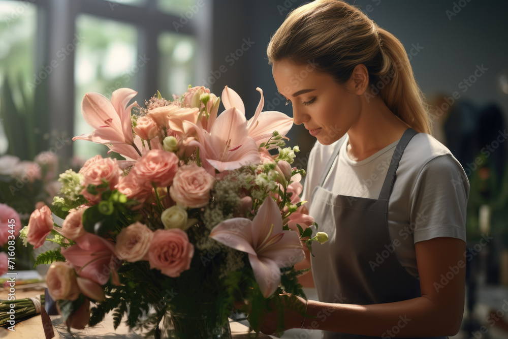A florist arranging a bouquet, capturing the beauty of flowers and artistry. Generative Ai. A florist arranging a bouquet, capturing the beauty of flowers and artistry. Generative Ai.
