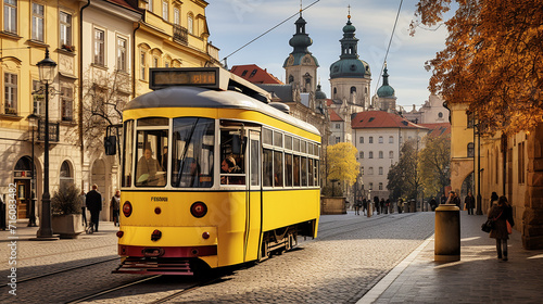 A classic yellow tram winding its way through a bustling historic city center