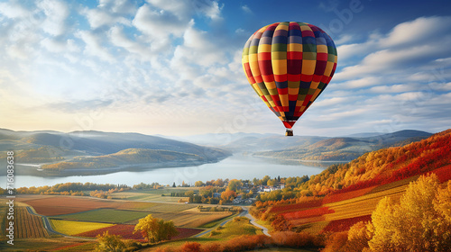 A colorful hot air balloon floating over a patchwork of autumn-hued fields