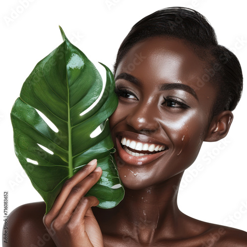 Beautiful African American young woman happy smile in the studio holds green tropical leaf in hands and covers a part of her face, Fashion beauty, make-up, cosmetics, isolated on white background, png