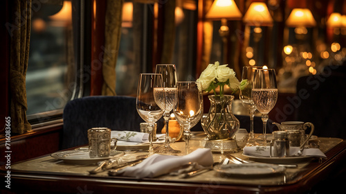 opulent vintage dining car with white tablecloths crystal glasses and passengers in evening attire