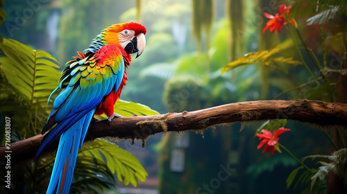 colorful parrot perched on a branch in a tropical rainforest