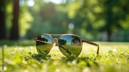Detailed closeup of a pair of oversized sunglasses, with reflective lenses and gold frame, resting on a picnic table in a lush green park.