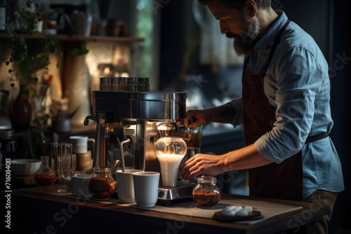 A person making a gourmet coffee at home  showcasing the art of home barista skills and coffee culture. Generative Ai.