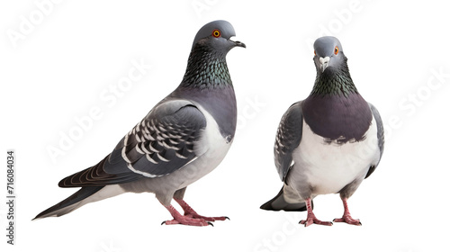 Two pigeons standing together on a white background.