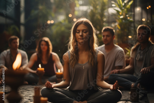 A group of people meditating in a peaceful outdoor setting  symbolizing mindfulness and group wellness. Generative Ai.