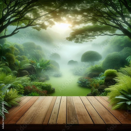 A wide wooden base  followed by a misty view of a wonderful lush garden.