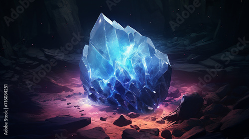a mysterious glowing crystal in dark cavernous setting photo