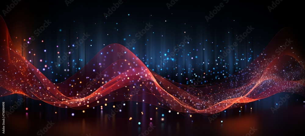 Abstract red cyberspace design with wave of dots and woven lines on dark background
