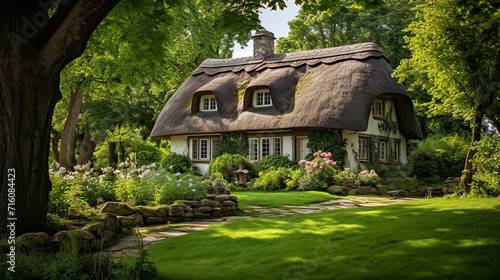 A quaint thatched-roof cottage nestled in a lush, green meadow photo