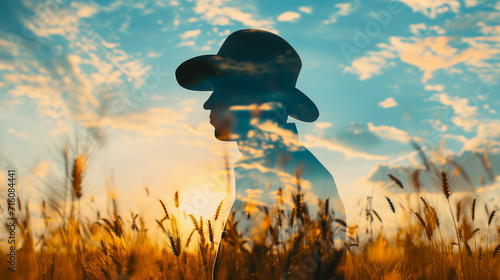 Double exposure portrait of farmer blended with wheat field background