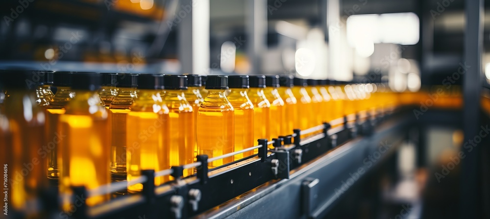 Streamlined juice bottles moving on advanced conveyor in modern beverage factory interior