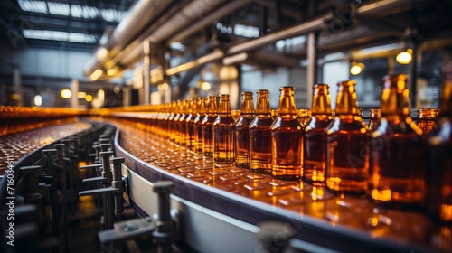 Beer bottles on conveyor belt in a modern beverage factory with advanced equipment