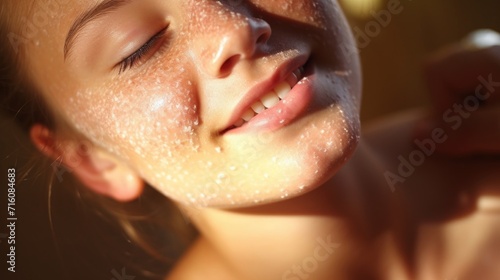 Closeup of a teenager exfoliating their skin with a gentle scrub  removing dead skin cells and revealing a glowing complexion.