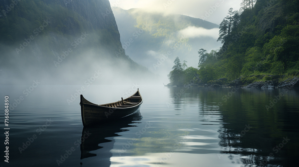 the serene waters of a misty fjord with a simple wooden rowboat