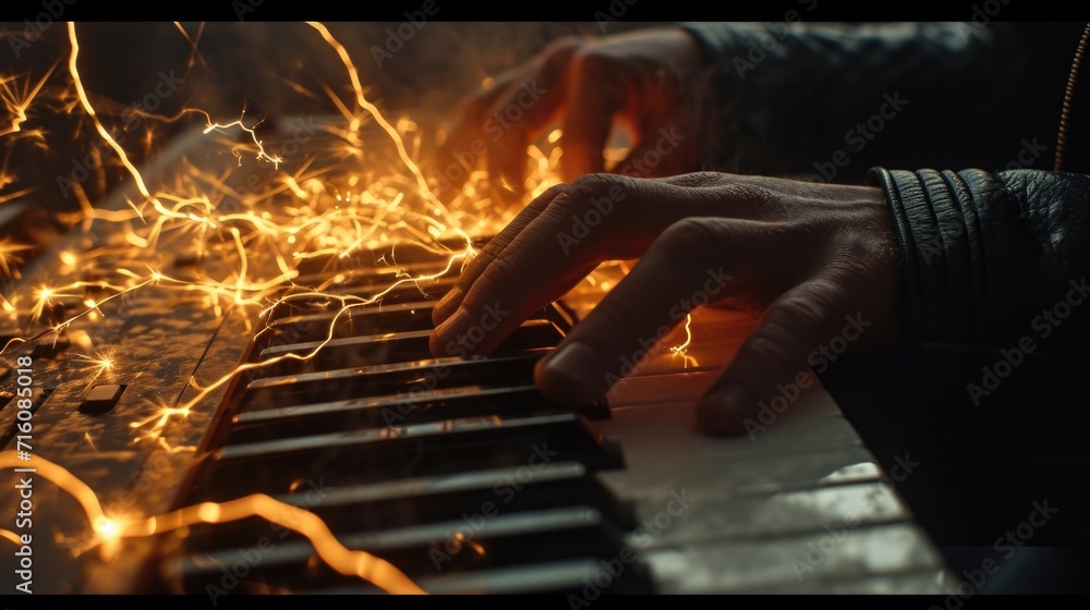 As the musicians fingers move rapidly over the keyboard bolts of lightning flicker and spark between the keys creating a dynamic visual component to the musical performance