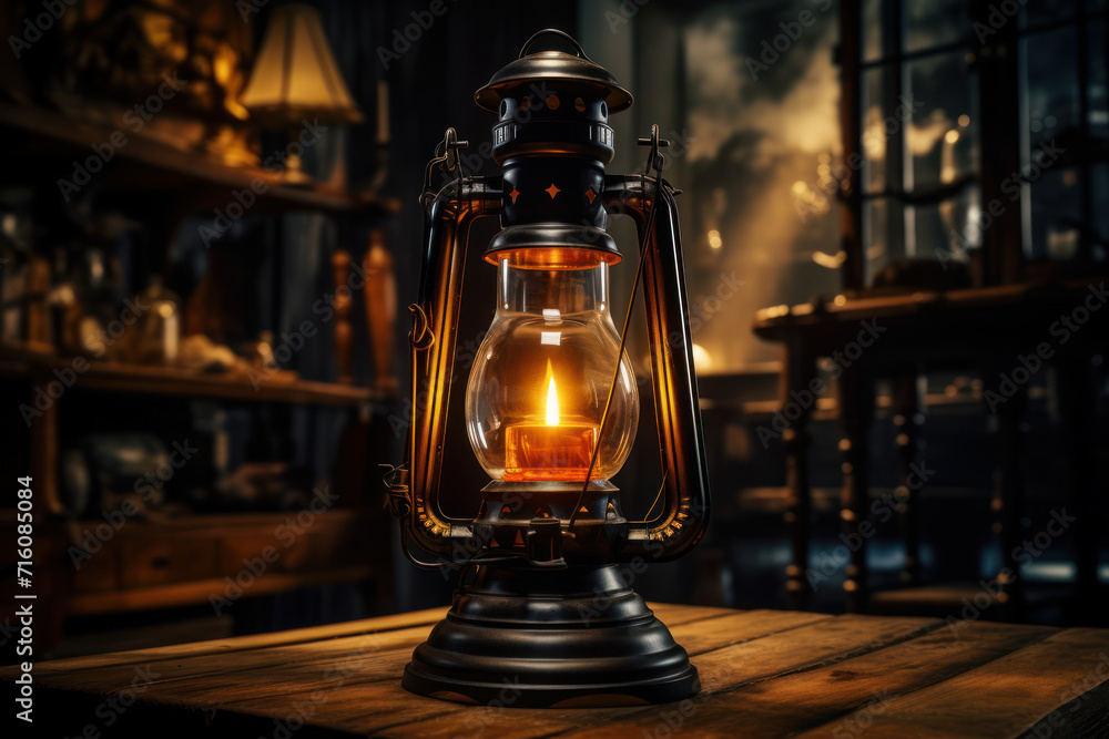 An antique glass lantern illuminates a dimly lit room, casting flickering shadows that evoke a sense of nostalgia and warmth. Concept of vintage glass lighting. Generative Ai. An antique glass lantern illuminates a dimly lit room, casting flickering shadows that evoke a sense of nostalgia and warmth. Concept of vintage glass lighting. Generative Ai.
