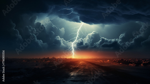 single bright lightning bolt illuminating stormy sky © Aura