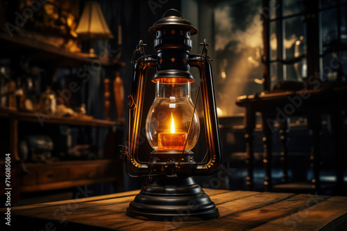 An antique glass lantern illuminates a dimly lit room, casting flickering shadows that evoke a sense of nostalgia and warmth. Concept of vintage glass lighting. Generative Ai.